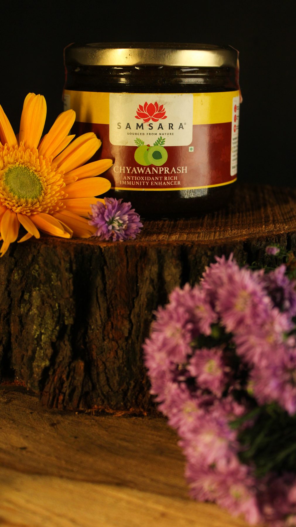 Samsara chyawanprash jar with daisies and purple asters